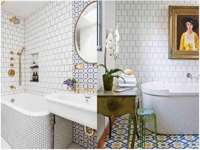 baño con azulejos metro-tiles y baldosas hidráulicas